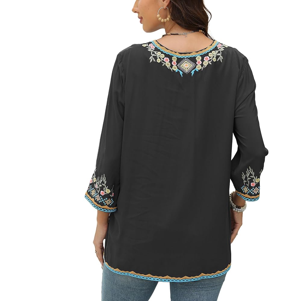AK Women's Embroidered Tops 3/4 Sleeve Traditional Mexican